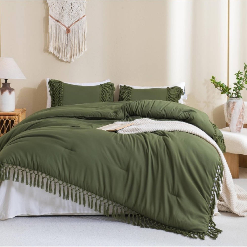 Olive green bohemian tassel comforter set 3 pcs king queen